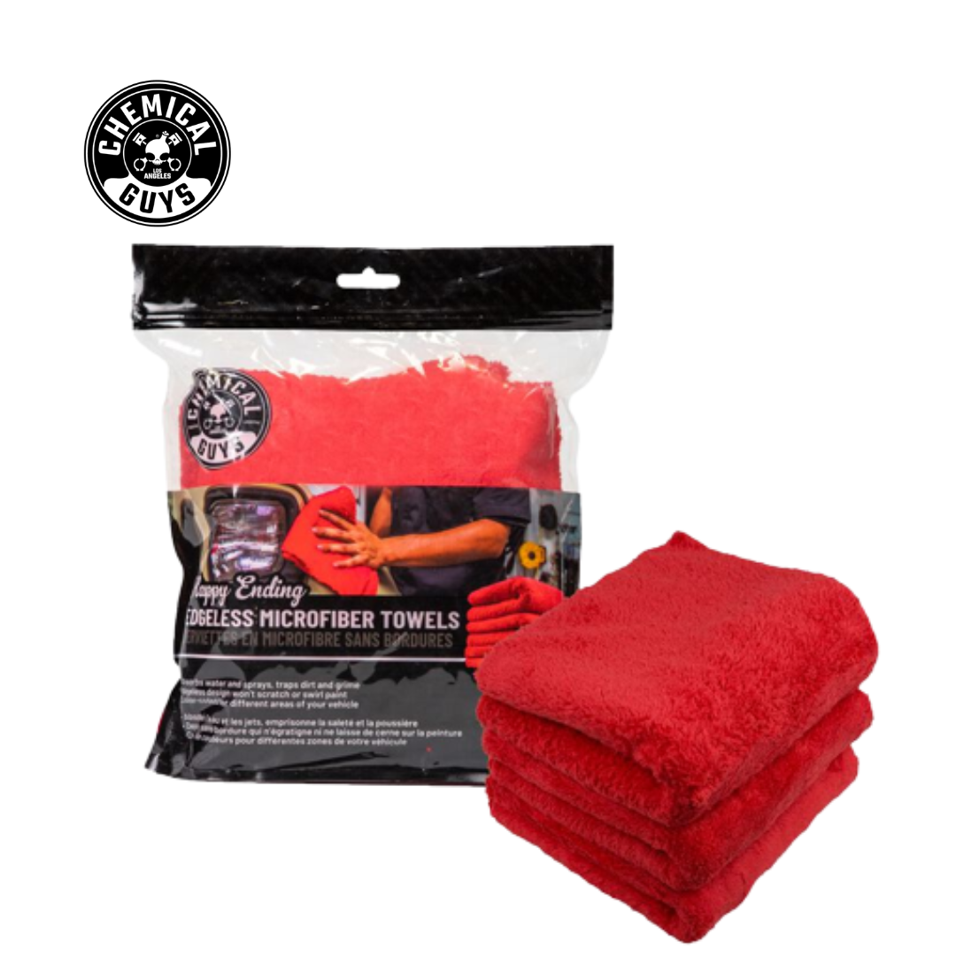 Chemical Guys Happy Ending Ultra Plush Edgeless Microfiber Towel, Red 16" x 16" (3 in a Pack)